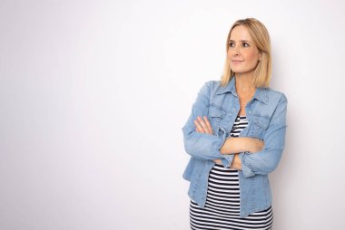 Photo of cool attractive business lady short hairstyle friendly smiling responsible person arms crossed wear casual striped dress isolated white background