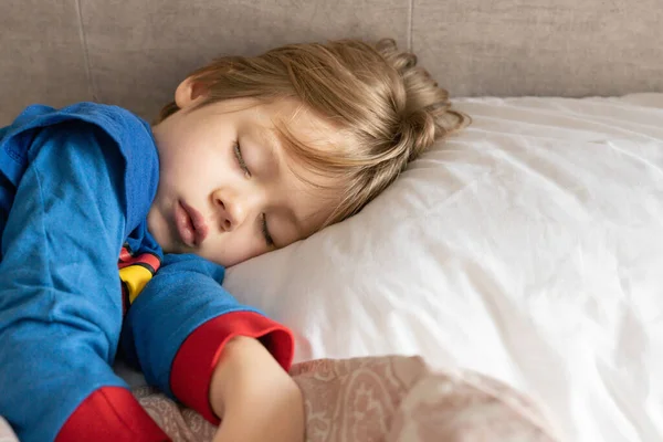 Cute Blonde Hair Kid Years Old Sleeping Bed Day Rest — Stock Photo, Image