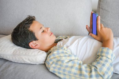 Evdeki kanepede akıllı telefon kullanan sevimli çocuk.