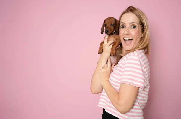 ピンクの背景に隔離されたダクシャンドッピー犬の若い幸せな女性 — ストック写真