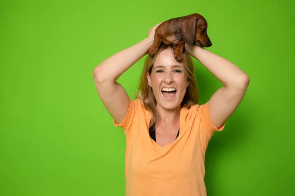 若い女性は彼女の子犬ダッハウンド犬を抱きしめ それを見ます 犬と飼い主との恋愛 緑色の背景に分離されています スタジオポートレート — ストック写真