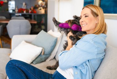 Evinde Schnauzer köpeği olan genç bir kadın. Sevimli hayvan