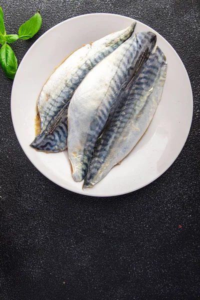 Makrela Ryba Filet Syrové Mořské Plody Vaření Jídlo Stole Kopírovat — Stock fotografie
