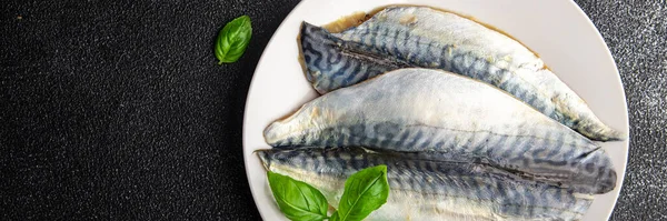 Makrill Fisk Filé Skaldjur Matlagning Måltid Bordet Kopia Utrymme Mat — Stockfoto