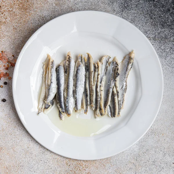 Anchoa Sardina Pescado Filete Mariscos Comida Mesa Copiar Espacio Alimentos —  Fotos de Stock