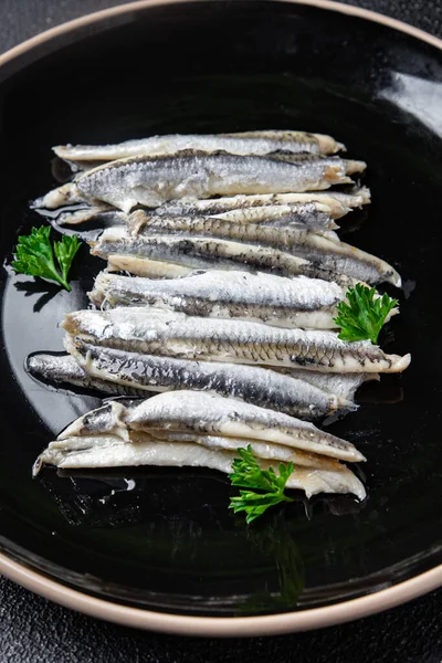 Sardellen Fischfilet Meeresfrüchte Mahlzeit Essen Auf Dem Tisch Kopieren Raum — Stockfoto