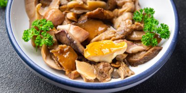 Mantarlar terbiye edilmiş farklı türde lezzetli aperatifler masada sağlıklı yemek atıştırmalıkları fotokopi uzayı arka plan kırsal manzarası