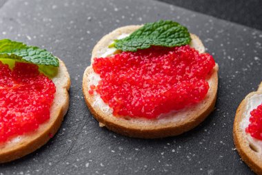 Kırmızı havyarlı sandviç aperatifi ya da antipatik deniz ürünleri taze sağlıklı yemek atıştırmalıkları fotokopi çekilen uzay yiyeceklerinin arka plan kırsal manzarası.