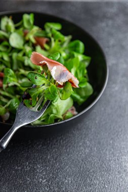 Salata jambonu et taze yemek aperatifi masanın üzerinde fotokopi alanı arka plan kırsal manzarası