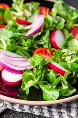 Sebze salatası domates, turp, soğan, mache marul, yeşil yaprak çerez masaya taze sağlıklı yemek fotokopi, arka plan kırsal kesim vejetaryen paleo diyeti 