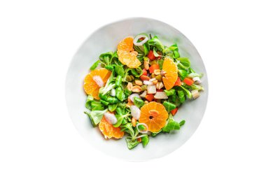 citrus salad mandarin, green leaves  fresh healthy meal food snack on the table copy space food background rustic top view 