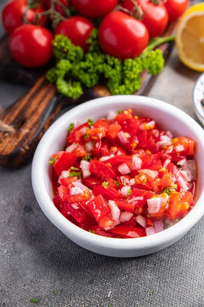 fresh salad tomato salsa spicy food meal snack on the table copy space food background rustic top view