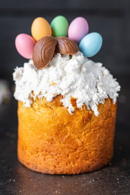 Easter cake and easter eggs dessert treat holiday meal food snack on the table copy space food background top view