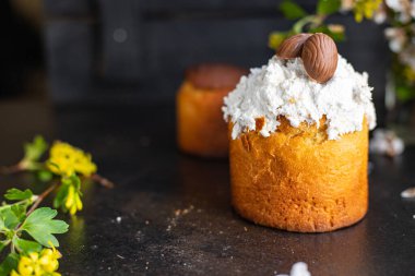 Easter cake and easter eggs dessert treat holiday meal food snack on the table copy space food background top view