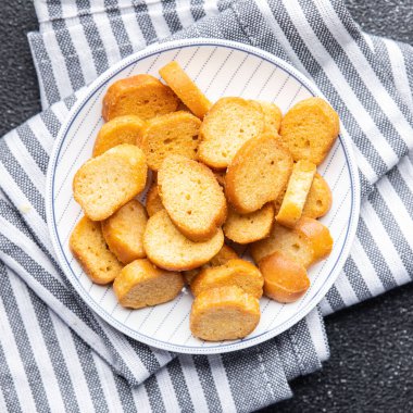 croutons for salad dried bread flavored meal food snack on the table copy space food background rustic top view