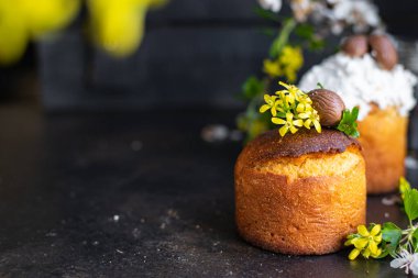 holiday Easter cake and easter eggs sweet bread dessert treat meal food snack on the table copy space food background top view