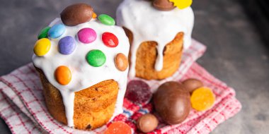 Easter holiday cake and easter chocolate eggs candy dessert treat meal food snack on the table copy space food background top view