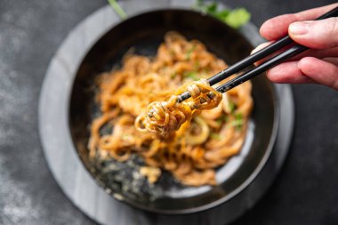 rice noodles vegetables, soy sauce, coconut cream, glass noodle meal food snack on the table copy space food background rustic top view
