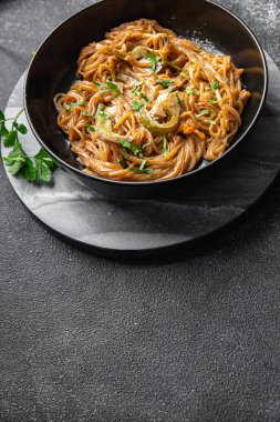 rice noodles vegetables, soy sauce, coconut cream, glass noodle meal food snack on the table copy space food background rustic top view