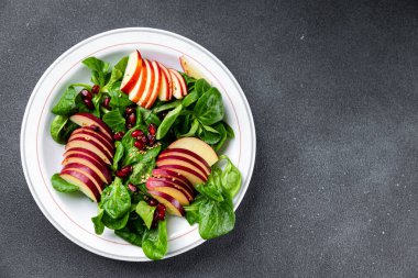 Elma salatası, yeşil marul, nar taneli sağlıklı yemek atıştırmalığı fotokopi masasında uzay yemeği arka plan kırsal üst görüş keto ya da paleo diyet vejetaryen ya da vejetaryen yemeği
