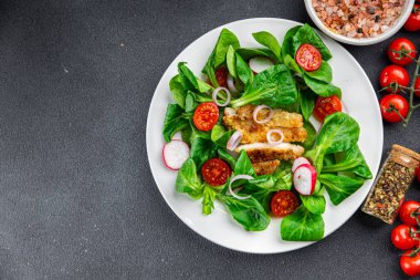 sağlıklı salata tavuk eti, sebze, domates, turp, yeşil yapraklar marul sağlıklı yemek atıştırmalıklarını masanın üzerinde fotokopi uzayı arka plan kırsal arka plan manzarası keto veya paleo diyeti