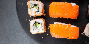 sushi rolls delicious seafood healthy meal food snack on the table copy space food background rustic top view