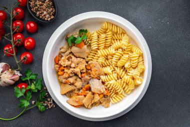 pasta meat tripe meat pasta Rotini fresh ready to cook healthy meal food snack on the table copy space food background rustic top view
