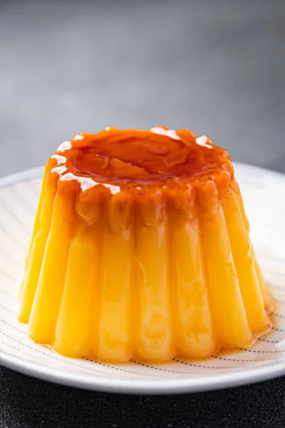 Flan Caramel Sweet Dessert Cream Meal Food Snack Table Copy — Stockfoto
