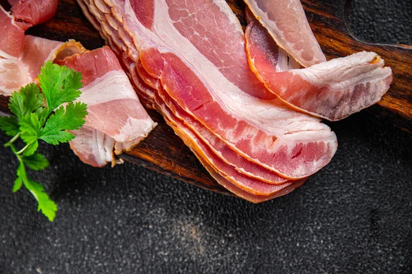 Bacon Strips Slice Smoked Lard Meat Meal Food Snack Table — Stok Foto