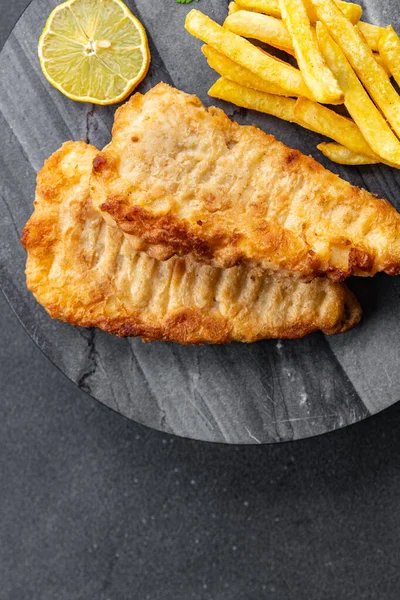 Fisk Och Chips Friterad Snabbmat Pommes Frites Avhämtning Måltid Mat — Stockfoto