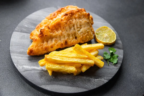 Fisk Och Chips Friterad Snabbmat Pommes Frites Avhämtning Måltid Mat — Stockfoto