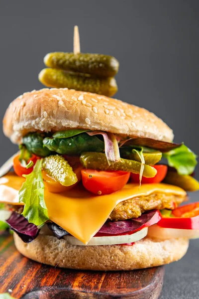 Мяса Бургер Вегетарианские Котлеты Овощное Мясо Помидоры Огурцы Салат Еда — стоковое фото