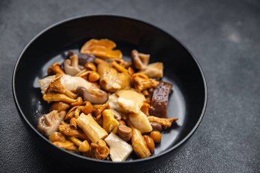 Mantar salatası aperatifi beyaz mantar boletus mantarı, chanterelle mantarı. Masada sağlıklı yemek atıştırmalıkları yemeye hazır.