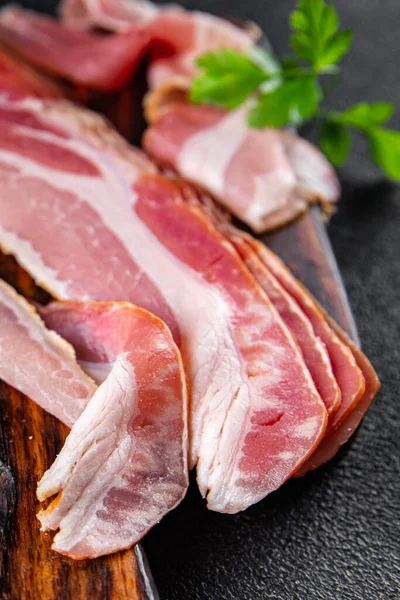 Bacon Rebanada Fresca Pancetta Ahumado Manteca Cerdo Comida Comida Snack —  Fotos de Stock