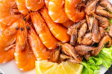 Taze karides, karides, deniz mahsulü, yemek tabağı, abur cubur fotokopi, arka plan, köy manzarası. 