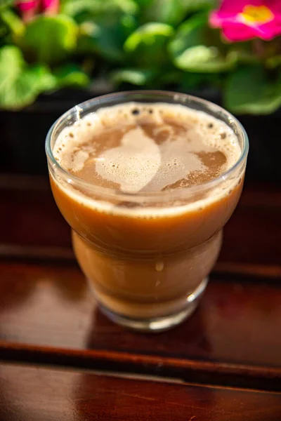 Csésze Kávé Szabadtéri Virág Primrose Színes Másolás Tér Élelmiszer Háttér — Stock Fotó