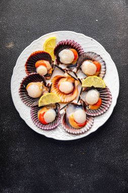 deniz ürünleri kabuklu deniz ürünleri abur cuburu masa üzerinde fotokopi alanı arka plan kırsal üst görünüm 