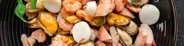 Frutos Mar Coquetel Comida Salada Camarão Mexilhão Vieira Polvo Refeição — Fotografia de Stock