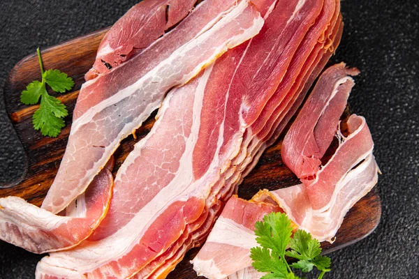 Tiras Rodajas Tocino Carne Fresca Aperitivo Mesa Copiar Espacio Alimentos —  Fotos de Stock