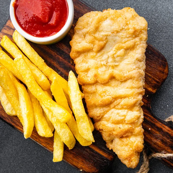 Friterad Fisk Och Chips Pommes Frites Snabbmat Måltid Mat Mellanmål — Stockfoto