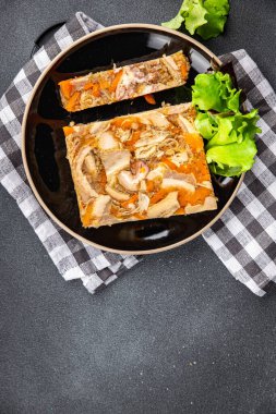 Biftek, işkembe, elma suyu, jöle, yemek, atıştırmalık. Fotokopi, uzay, yiyecek arka plan, kırsal manzara.