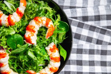 Yengeç çubukları salata sağlıklı yemek atıştırmalıkları masa üzerinde fotokopi alanı arka plan kırsal üst görünüm