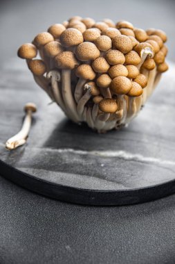 Shimeji kahverengi mantarlı abur cubur masa üzerinde fotokopi uzay gıda arka plan kırsal üst görünüm 