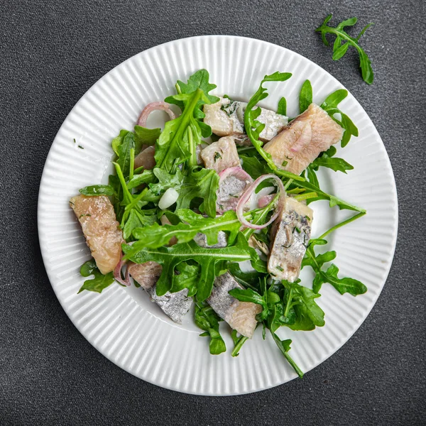 Potongan Daging Segar Ikan Haring Makanan Ringan Atas Meja Menyalin — Stok Foto