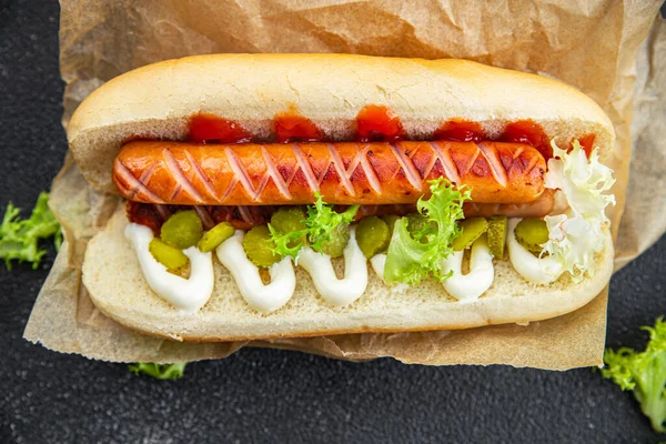 Hot Dog Sandwich Sausage Gherkin Ketchup Mayonnaise Fast Food Smeal — Stock Photo, Image