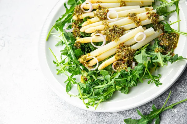 Asperges Salade Witte Boon Arugula Groen Blad Sla Maaltijd Voedsel — Stockfoto