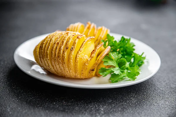 Печеный Картофель Аккордеон Овощной Ломтик Здорового Питания Еда Закуска Столе — стоковое фото