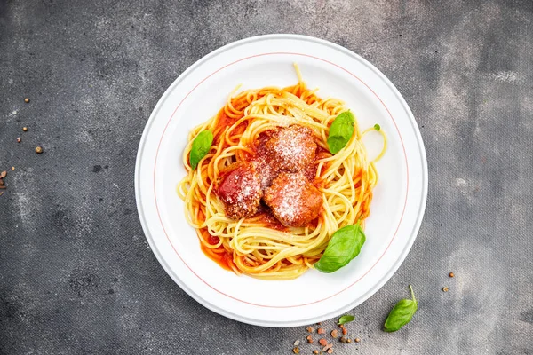 Húsgombóc Spagetti Paradicsom Szósz Tészta Étel Étel Snack Asztalon Másolás — Stock Fotó