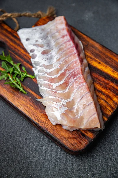 Ryby Filet Świeże Owoce Morza Mączka Jedzenie Przekąska Stole Kopia — Zdjęcie stockowe