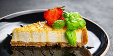 Cheesecake çilekleri, fesleğenli tatlı tatlı tatlı hamur yemeği masada atıştırmalıklar fotokopi uzay yiyecekleri arka plan kırsal üst görünüm